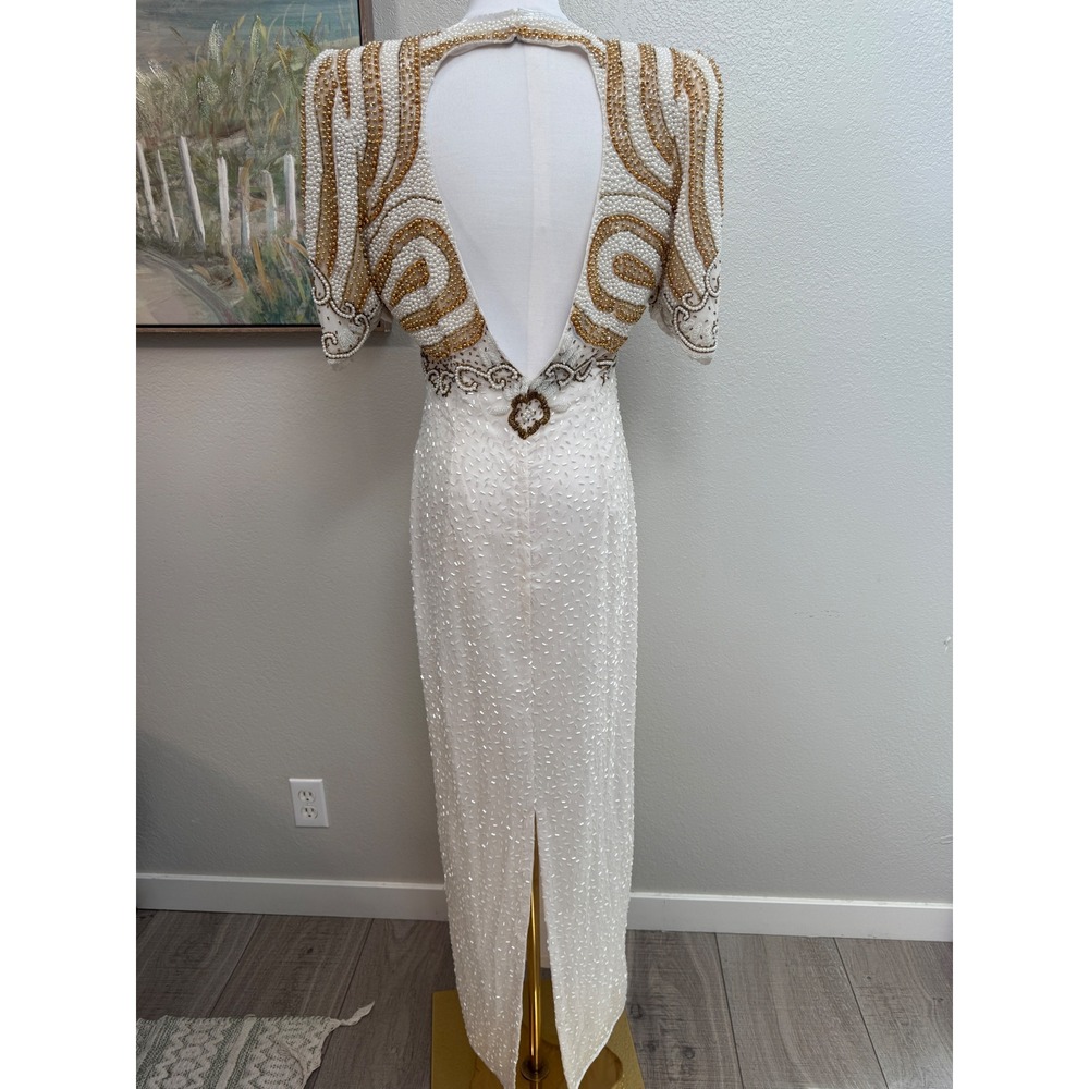 Vintage Jagswear 100% Pure Silk Beaded Pearl Evening Gown Open Back Dress Size L - Picture 4 of 11